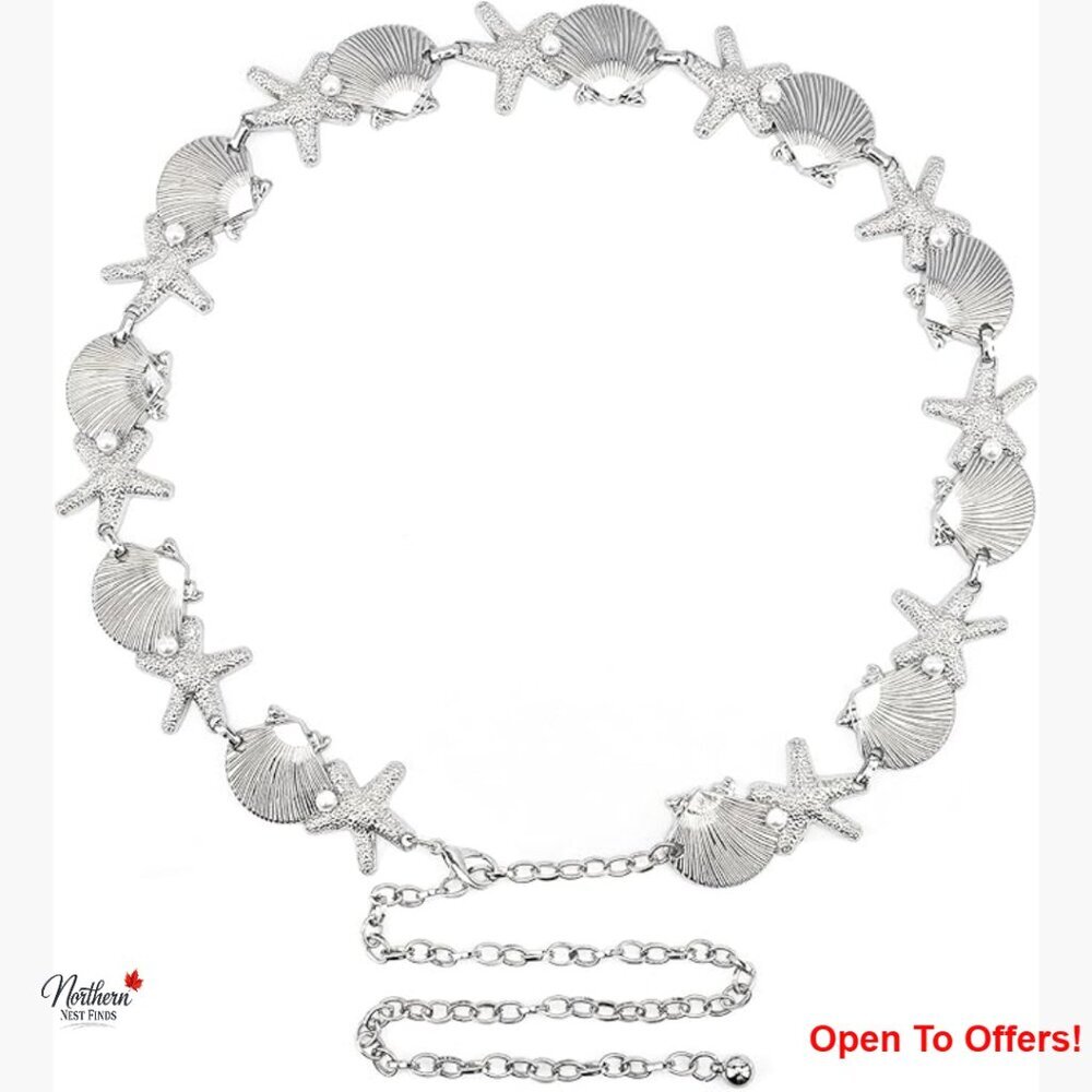 Adjustable Chain Belt with Shell Starfish and Synthetic Pearls, 47 Inch